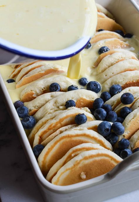 Served warm with maple syrup...it's worth waking up on the weekends and getting the first bite:) YUM. Pancake French Toast, Leftover Pancakes, Pancake Casserole, Freeze Pancakes, Blueberry Pancake, Blueberry Pancakes, What's For Breakfast, French Toast Bake, Think Food