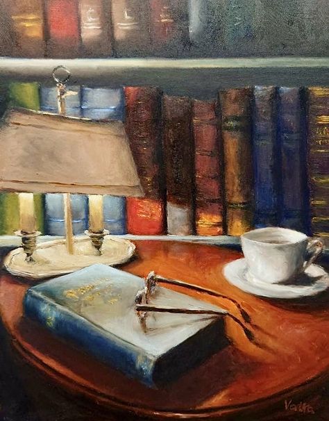 Book On Table Drawing, Painting Of A Book, Painting Of Table, Books Painting Art, Paintings Of Books, Book Oil Painting, Book Still Life, Coffee Lamp, Book Painting