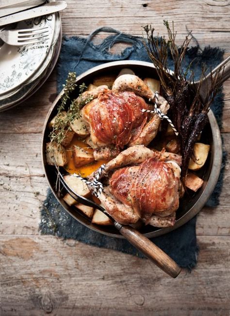 Pancetta and Thyme Poussins with Roasted Vegetable Broth (i.e. Cornish Game Hens) by What Katie Ate Meals Photography, Bathroom Shiplap, Centerpieces Candles, What Katie Ate, Christmas Main Dishes, Christmas Meals, Rustic Backdrop, Industrial Ceiling, Roasted Vegetable