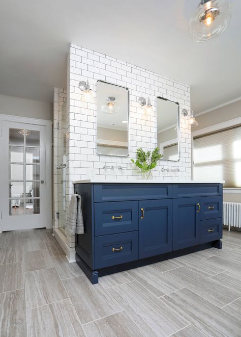 Blue Vanity With Gold Hardware, Bathroom Ideas Navy Blue, Bathroom Ideas Navy, Blue Small Bathrooms, Small Master Bath, Navy Bathroom, Blue Tile Wall, Blue Bathroom Vanity, Guest Bathroom Remodel