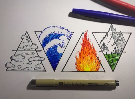 Earth Air Water Fire Tattoos, Earth Element Drawing, Air Element Drawing, The 4 Elements Art, Air And Earth Tattoo, Air Drawing Element, The Four Elements Art, Fire And Earth Tattoo, Fire And Water Drawing