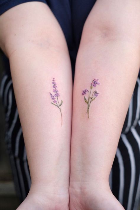 Mini Violet Tattoo, Lesbian Violet Tattoo, Small Flower Color Tattoo, Sapphic Violet Tattoo, Jacaranda Flower Tattoo, Violet And Lavender Tattoo, Purple Line Tattoo, Wildflower Tattoo Meaning, Simple Lilac Tattoo