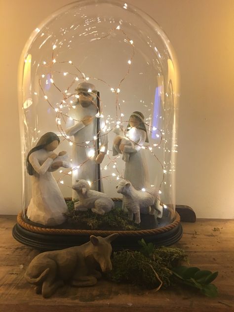 Glass Dome Decor Ideas, Cloche Ideas, Willow Tree Figures, Nativity Scene Display, Rent House, Glass Dome Cloche, Flower Shadow, Christmas Vignettes, Flower Shadow Box