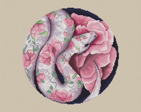 Snake Cross Stitch Pattern Large Cross Stitch Chart Insects | Etsy Snake Cross Stitch, Snake With Flowers, Flowers Cross Stitch Pattern, Pattern Snake, Animal Cross Stitch, Flowers Cross Stitch, White Snake, Pattern White, Cross Stitch Pattern