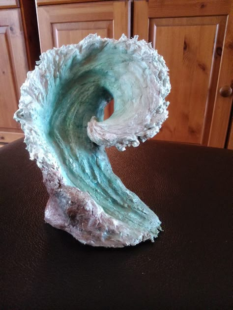 Wave sculpture created using air dry clay & then painted with acrylic paint. Water Clay Sculpture, Ceramic Waves Sculpture, Painting Air Dry Clay, Clay Waves, Air Dry Clay Sculpture, Boat Sculpture, Wave Sculpture, Water Sculpture, Surf Decor