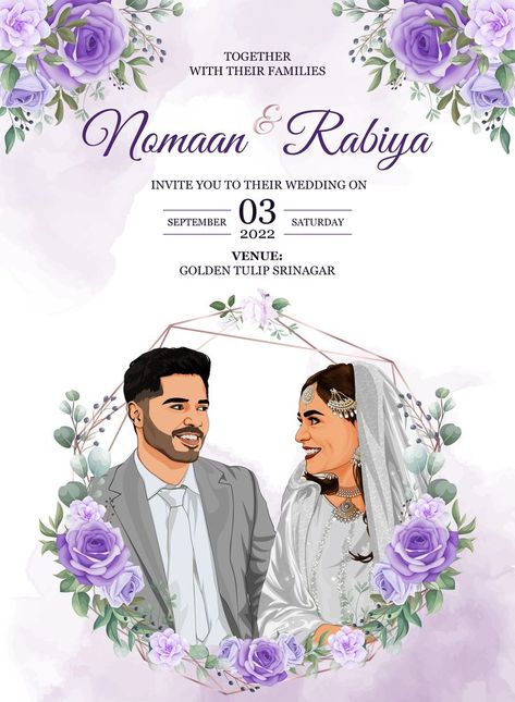 I have Design this Unique and Modern Wedding invitation Card and Post with Illustration. I have created this for my Pakistani client with the help of Purple Watercolour And Floral patterns Contact Us For more Info Best Regards: 4nds Network Simple Wedding Invitation Card, Cartoon Wedding Invitations, Wedding Illustration Card, Caricature Wedding Invitations, Purple Wedding Invitation, Cartoon Wedding, Wedding Couple Cartoon, Wedding Card Design Indian, Caricature Wedding