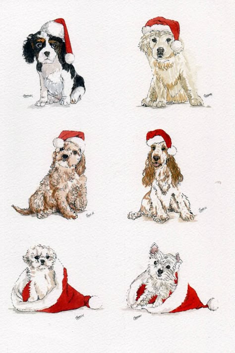 Christmas Animal Drawings, Picture Ideas With Dogs, Christmas Picture Ideas With Dogs, Christmas Dogs Drawings, Christmas With Dogs, Christmas Card Ideas With Dogs, Christmas Dog Watercolor, Dogs In Christmas, Christmas Dog Illustration