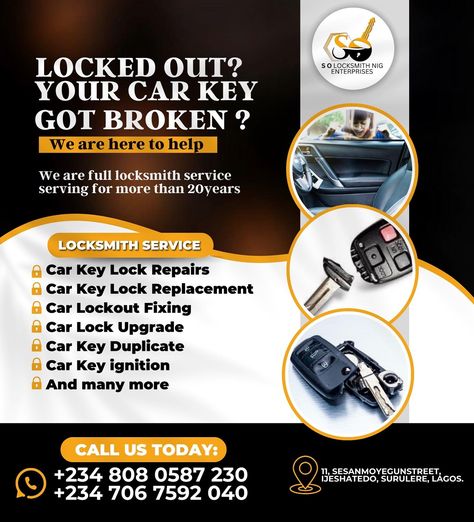 Locksmith flyer design @hy_bdesign #locksmith #carkeys #carkeyrepair #carkeyprogramming #carkeyreplacement #carkeyignition #design #graphictemplates #canvadesign #canva Car Key Repair, Car Key Programming, Lock Repair, Locksmith Services, Flyer Design Templates, Using Canva, Canva Design, Graphics Designer, Graphic Design Poster