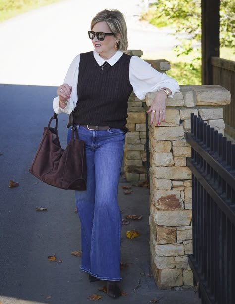 Tania Stephens is styling Trending Chocolate Brown This Fall with a brown mixed media top, wide leg Mother jeans, and a dark brown suede tote Tania Stephens, American Photography, Fall And Winter Outfits, Suede Tote, Over 60 Fashion, Mother Jeans, Color Chocolate, 60 Fashion, Fall Favorites