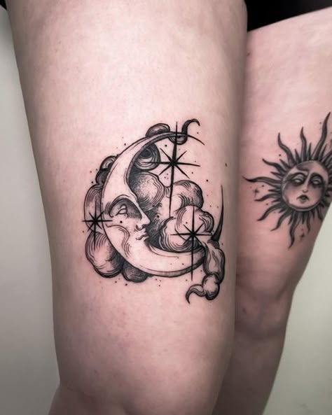 Thigh Tattoos Symmetrical, American Traditional Sun Moon Tattoo, Sun Moon Knee Tattoo, Whimsical Sun And Moon Tattoo, Gothic Sun And Moon Tattoo, Sun And Moon Leg Tattoo, Armpit Tattoo, Bestie Tattoos, Whimsical Tattoos