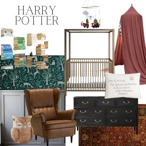 Harry Potter Nursery Wall, Harry Potter Inspired Nursery, Modern Harry Potter Nursery, Slytherin Nursery, Scotland Themed Nursery, Book Themed Nursery Ideas, Minimalist Harry Potter Nursery, Subtle Harry Potter Nursery, Forbidden Forest Nursery Harry Potter