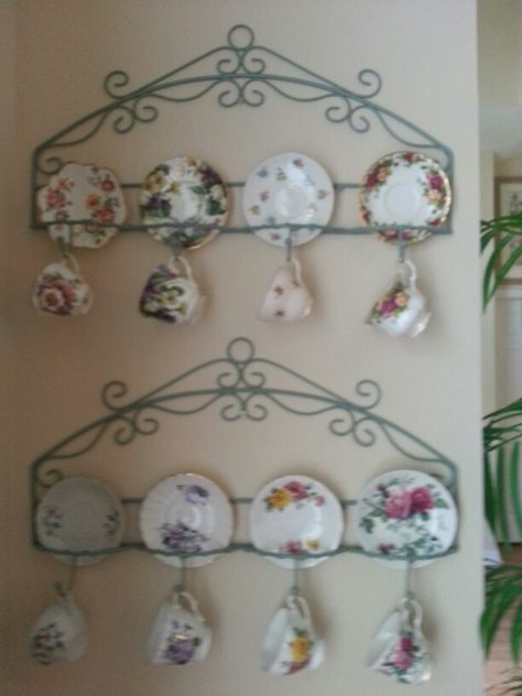 Found these tea cup holders about 18 years ago in Lake Alfred...The Barn...great ladies shopping Tea Cup Holders Display, Tea Cup Holder, Tea Cup Display, Funny Tea Cups, Cup Display, Tea Display, Teacup Crafts, Dish Display, Tea Decor