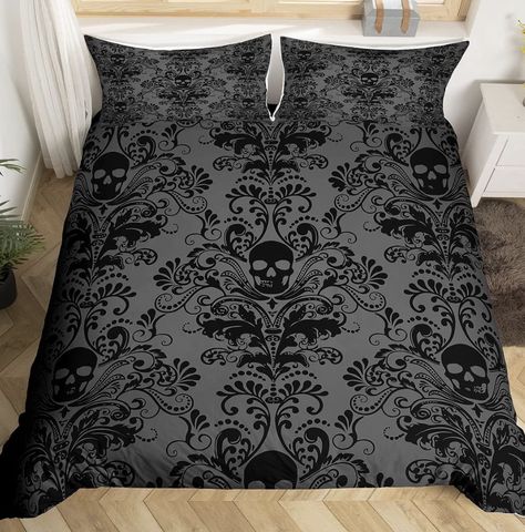 Halloween Bed set duvet cover Bedsheet Ideas, Gothic Homes, Damask Bedding, Skull Bedding Sets, Flower Duvet Cover, Room Things, Flower Duvet, Floral Comforter, Bed Comforter Sets