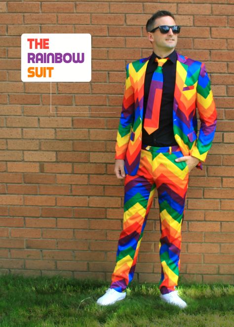 The Rainbow Suit & Tie | FruitySuits: Stand out from the bunch Pride Outfit Ideas Men, Rainbow Suit, Pride Outfit Ideas, Rainbow Wedding Theme, Cinderella Outfit, Jumper Suit, Pride Shoes, Suit Tie, Rainbow Wedding