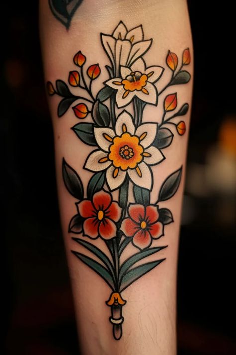 Discover beautiful December Birth Flower tattoo ideas for women! From traditional to neo-traditional designs, find inspiration for your next ink. Whether you prefer a small and delicate tattoo or a bold sleeve, there are many creative options to explore. Consider incorporating the vibrant colors of narcissus and holly into your design for a unique touch. Let your December birthday shine through with a stunning floral tattoo that captures the essence of this special month. Neo Traditional Mom Tattoo, Vibrant Floral Tattoo, Neo Traditional Nurse Tattoo, American Traditional Birth Flowers, Neo Traditional Tree Tattoo, Birth Flower December Tattoo, Traditional Birth Flower Tattoo, Daffodil Tattoo Traditional, Poinsetta Tattoo Design