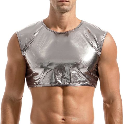 Mens metallic crop top made of 88% Nylon and 12% Spandex material. Soft and skin friendly, give you a comfort wearing experience. Mens sleeveless shirt with bronzing fabric, make you look more eye-catching in the crowd. Mens sexy tank top with shiny appearance. Sleeveless, round neck and half cut design, stretchy fabric fits your figure, you can show off your biceps, pecs and abs perfectly. You can also choose our suit, the shiny metallic suit makes you more attractive. Mens hot short vest great Mens Sleeveless Shirt, Mens Crop Tops, Metallic Crop Top, Metallic Shorts, Nightclub Party, Casual Sweatpants, Satin Shorts, Cropped Tops, Party Tops