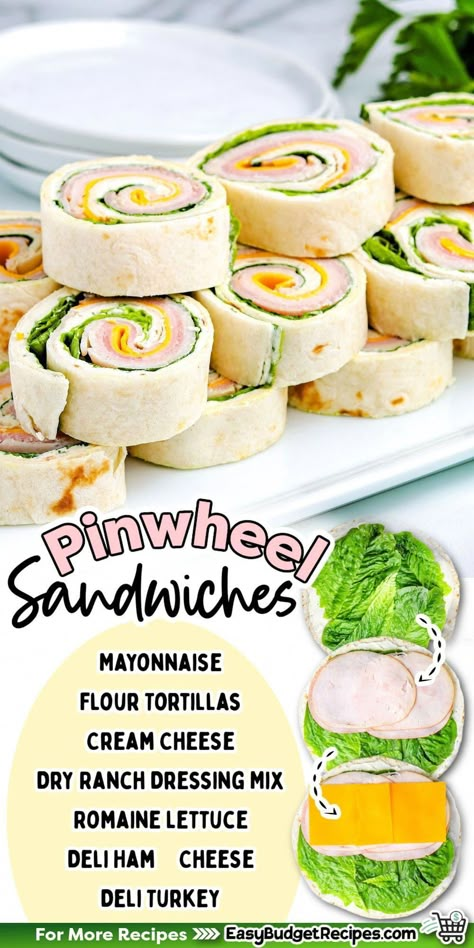 Do you need a quick and easy no-bake appetizer? These pinwheel sandwiches use simple ingredients and take only twenty minutes to make. This recipe is perfect for any holiday party! Pinwheel Board Ideas, Summer Pregnancy Lunches, Simple Lunch Sandwiches, Pinwheel Recipes Turkey, Ham And Turkey Pinwheels, Turkey Pinwheel Appetizers, Pinwheels Turkey, Deli Food Ideas, Simple Picnic Food Ideas