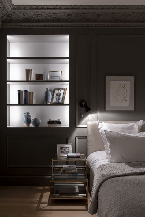 Over Bed Bookshelves, Bookshelves Surrounding Bed, Bed Intop Of Shef, Shelves Behind Bed, Bed Bridge Bookcase, Bed With Shelf Headboard And Connected Nighstands, Notting Hill London, Bed Shelves, Bedroom Bed