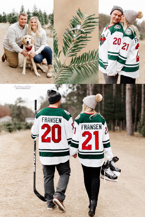 Engagement Photos Sports, Ice Rink Engagement Photos, Jersey Engagement Pictures, Sports Engagement Photos, Hockey Wedding Photos, Hockey Wedding Theme, Hockey Engagement Photos, Tree Farm Engagement, Christmas Engagement Photos