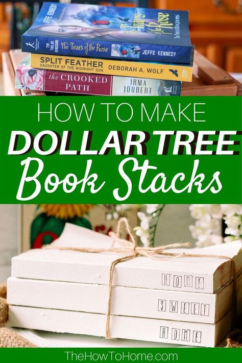 She explains how to make farmhouse style book stacks easily and quickly using paperback books from the Dollar Tree Store and craft paint. Easy home decor DIY. #HomeDecor #DIY #Thrifty #Repurposed #DollarTree #DollarStore #TheHowToHome Repurpose Paperback Books, Halloween Faux Book Stack, Diy Wooden Books, Paperback Book Crafts, Easy Home Decor Diy, Farmhouse Book Stack, Paint Books, Fake Books Decor, Thrifty Style