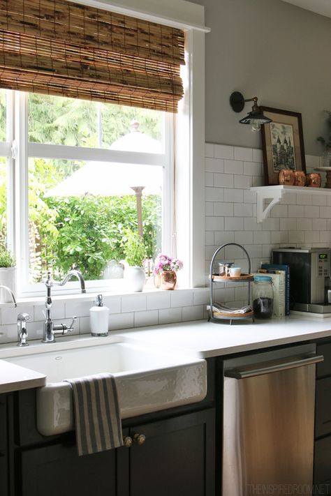 The Inspired Room Kitchen - Farmhouse Sink - Summer House Tour Inspirational Kitchens, Kitchen Window Blinds, Kitchen Sink Window, Kitchen Space Savers, Kitchen Blinds, Kitchen Window Treatments, Classic Kitchen, Farmhouse Sink Kitchen, Kitchen Farmhouse