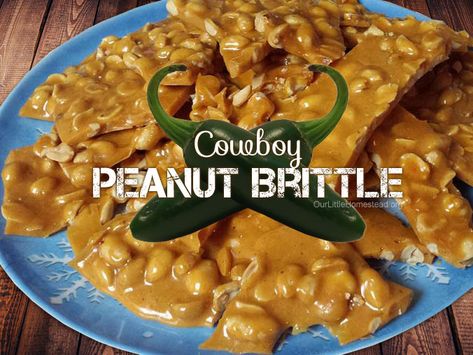 Are you a fan of spicy flavor? Then you're going to LOVE this recipe! This peanut brittle is a spicy and sweet treat that is like no other brittle you've ever had. Great for holiday gifts or for the spice lovers in your life. Cowboy Peanut Brittle, Jalapeno Brittle Recipe, Cowboy Candy Peanut Brittle, Jalapeno Peanut Brittle, Leftover Cowboy Candy Syrup, Cowgirl Candy Recipe With Pineapple, Cowgirl Candy Recipe, Jalapeno Jelly Recipe Cowboy Candy, Spicy Peanut Brittle