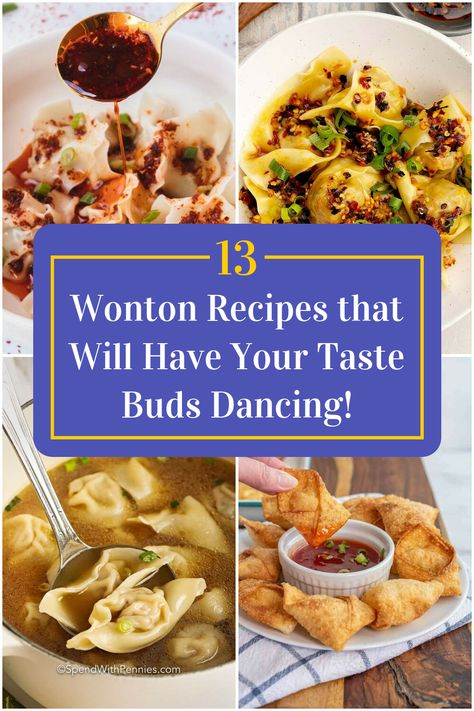 Collage of 4 wonton recipes. Things To Do With Wonton Wrappers, Recipes With Wontons, Won Ton Filling Recipes, Frozen Wonton Recipes, Appetizer Recipes Wonton, Mini Wonton Recipes, Wonton Salad, Stuffed Dumplings, Wonton Dumplings