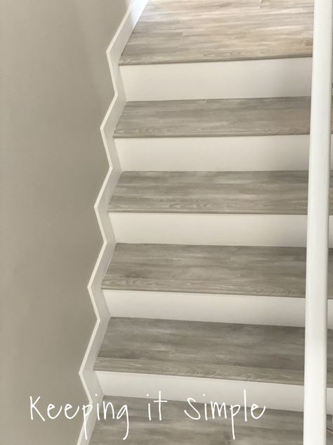 Stairs With Grey Floor, Interior Steps Ideas Stairways, Wood Laminate Stairs, Beadboard On Stairs, Subfloor Stairs, Indoor Steps Ideas Stairs Living Rooms, Laminate Stairs With White Risers, Laminate Wood Stairs Ideas, Laminated Stairs Ideas