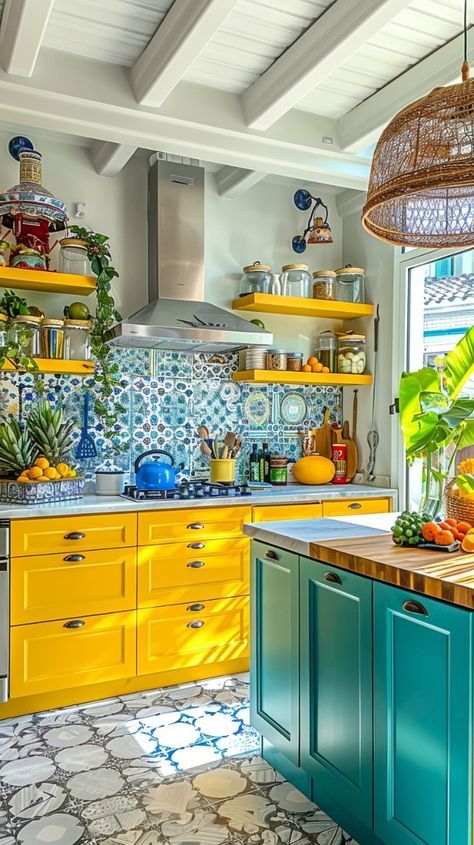 Aqua And Red Kitchen, Yellow Boho Kitchen, Bright And Colorful Kitchen, Colourful Country Kitchen, Colorful Small Kitchen Ideas, Quirky Kitchen Design, Colorful Kitchen Aesthetic, Small Colorful Kitchen, Maximalist Kitchen Decor