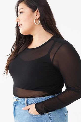 Plus Size Sheer Mesh Top Mesh Shirt Outfit, Plus Size Indie, Long Sleeve Top Outfit, Plus Size Distressed Jeans, Curved Hem Top, Plus Size Tops For Women, Long Sleeve Graphic Tees, Plus Size Tips, Forever 21 Plus Size