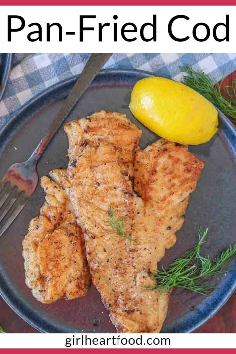 This simple pan-fried cod recipe is easy, delicious and on the table in about 30 minutes! Cod fillets are lightly dusted in a seasoned flour mixture and gently cooked until golden on the outside and moist inside. Serve with lemon and your favourite side for one satisfying meal. #panfriedcod #panfriedcodrecipe #pansearedcod #easyseafoodrecipe #newfoundlandcod #newfoundlandpanfriedcod #codrecipe #recipeforcod Fried Cod Fish Recipes, Fried Cod Recipes, Pan Fried Cod, Fried Cod Fish, Oven Baked Cod, Newfoundland Recipes, Haddock Recipes, Cod Fillets, Cod Fish Recipes