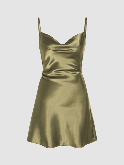 Cowl Neck Cami, Satin Cami Dress, Cami Mini Dress, Woman Suit Fashion, Mini Cami Dress, Satin Cami, Satin Mini Dress, Hoco Dresses, Green Satin