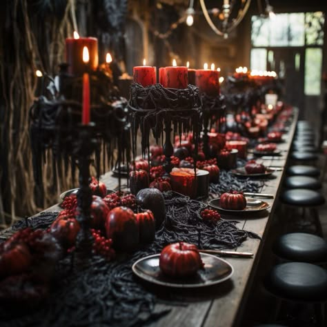 Gothic Halloween Dinner Party, Underworld Theme Party, Vampire Tablescape, Vampire Inspired Food, Vampire Dinner Party Food Ideas, Goth Party Decorations, Vampires Lair, Vampire Party Ideas, Halloween Banquet