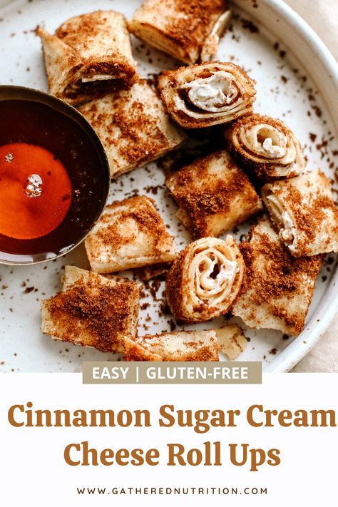 These easy and healthier cinnamon sugar cream cheese roll ups are the perfect sweet snack or dessert that the whole family will love. They're gluten free and can be made vegan and paleo friendly! Snack Recipes With Cream Cheese, Tortilla Wraps Dessert, Cinnamon Cream Cheese Bites, Tortilla Deserts Roll Ups, Tortilla Cream Cheese Dessert, Tortilla Roll Ups Sweet, Wrap Dessert Ideas, Keto Cinnamon Cream Cheese Roll Ups, Tortilla Cream Cheese Roll Ups Cinnamon