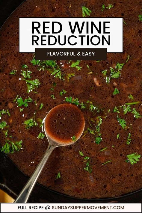 My Red Wine Reduction sauce adds depth and sophistication to any steak dinner, and it's so easy! Ready in 10 minutes! via @thesundaysupper Red Wine Beef Gravy Recipe, Red Wine Gravy For Steak, Red Wine Sauce For Pork, Mushroom Au Jus Recipe, Red Wine Gravy Recipe, Steak Reduction Sauce, Red Wine Sauce For Lamb, Red Wine Marinade For Steak, Mushroom Wine Sauce For Steak