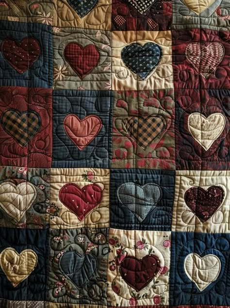 Quilt Hung On Wall, Heart Shape Things, Crochet Patchwork Blanket Aesthetic, Grandma Square Blanket, Family Quilt Ideas, Quilted Blanket Aesthetic, Home Made Quilts, Quilting Ideas For Beginners, Knit Blanket Aesthetic