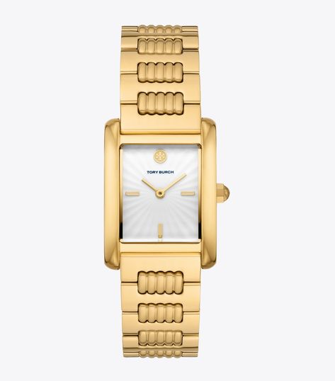 Eleanor Watch, Gold-Tone Stainless Steel, 25 x 36 MM: Women's Designer Strap Watches | Tory Burch Tory Burch Watch, Womens Designer Watches, Beautiful Watches, Stainless Steel Bracelet, Watch Design, Gold Watch, Stainless Steel Case, Fashion Bracelets, Designing Women