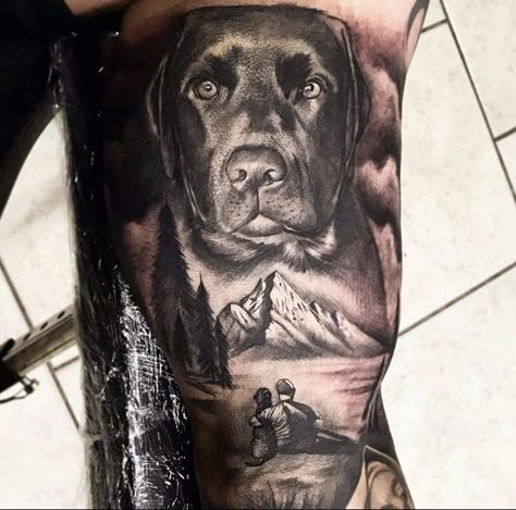 Dog Portrait Tattoo Thigh, Man And Dog Tattoo, Chocolate Lab Tattoo Ideas, Hunting Dog Tattoo, Outdoors Tattoos For Women, Outdoor Tattoos, Dog Memorial Tattoo, Forest Tattoo Sleeve, Pet Portrait Tattoos