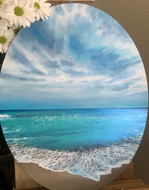 Original acrylic on 16x20 inch oval canvas Oval Canvas Art, Oval Paintings Canvas, Oval Canvas Painting Ideas, Oval Canvas Painting, Diy Art Projects Canvas, Glowing Sea, Oval Canvas, Nature Paintings Acrylic, Ocean Art Painting