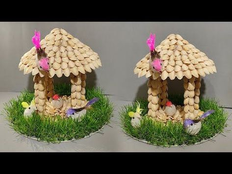 DIY Birds HouseHut Showpiece From Pista ShellsHome Decoration Craft IdeasPista Shell Craftsbirdsnest birdshouse hutshowpiece diypistashellcrafts... Pista Shell Crafts, Birds House, Shell Crafts Diy, Diy Birds, Diy Crafts Paper Flowers, Art N Craft, Flower Diy Crafts, Diy Crafts Hacks, Easy Diy Art