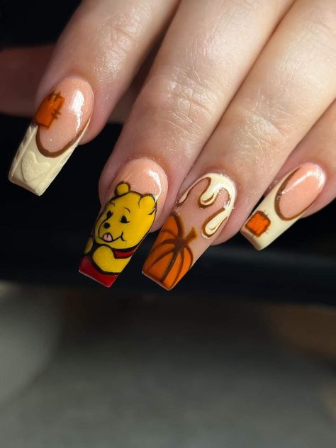 Fall season pooh bear nails 3d Bear Nails, Pooh Bear Nails, Bears Nails, Pooh Bear, Fall Nail Designs, Nail Inspo, Cute Nails, Nail Designs, Nail Art