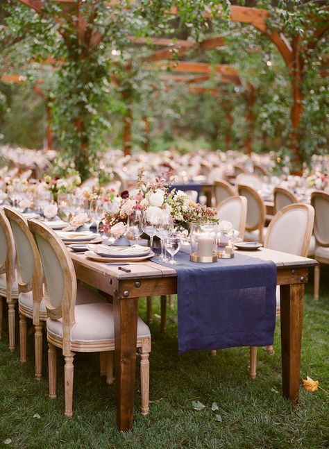 La Tavola Fine Linen Rental: Kansas Navy Table Runner with Tuscany Eggshell Napkins | Photography: Meg Smith Photography, Event Planning & Design: Alison Events, Flowers: Max Gill Design, Paper Goods: Yonder Design, Tabletop Rentals: Casa de Perrin, Furniture Rentals: Found Vintage Rentals, Rentals: Standard Party Rentals and Zephyr Tents, Venue: Meadowood Napa Valley Flower Table Decorations, Summer Table Runner, Rustic Wedding Decorations, Rustic Party, Table Runners Wedding, Summer Tables, Table Set Up, Wedding Table Decorations, Wedding Table Settings