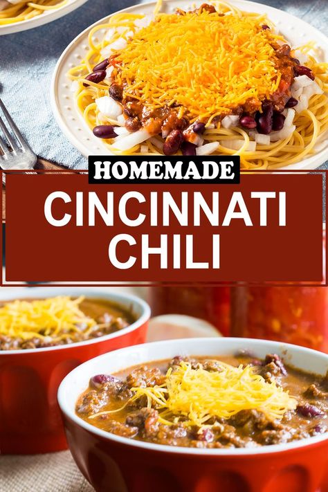 Bowls of Cincinnati chili made from scratch with post title. Unique Chilli Recipes Crock Pot, Cincinatti Chili, Chili Recipe From Scratch, Gourmet Chili, Cincinnati Chili Recipe, Cooked Oysters, Cincinnati Chili, Beef Chili, Soup Recipes Slow Cooker