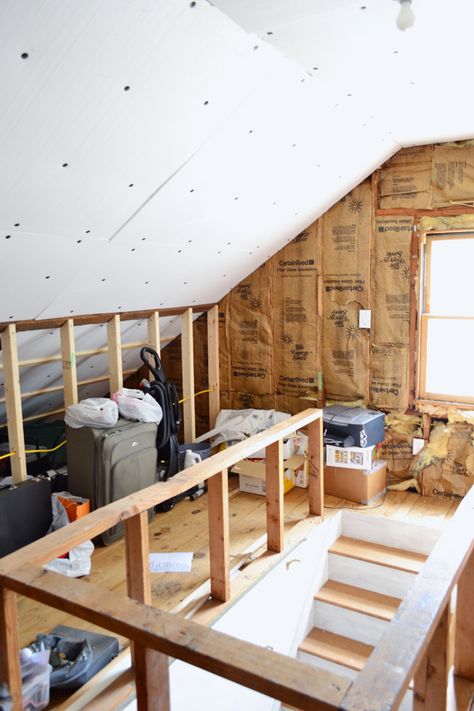 RedBirdBlue: Attic Update - allllllmost ready to rock {sheetrock that is} Unfinished Attic Ideas, Finished Attic Ideas, Attic Bonus Room, Walk Up Attic, Looking Into The Future, Attic Makeover, Attic Staircase, Attic Ideas, Garage Attic