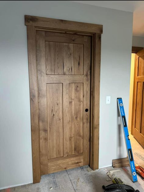 Wood Trim Interior Modern, Mission Doors Interior, Knotty Pine Trim And Doors, Alder Wood Doors Interior, Wood Doors With Wood Floors, Stained Trim Interior Farmhouse, Stain Grade Trim, Wood Doors With Wood Trim, Wood Trim Farmhouse Style