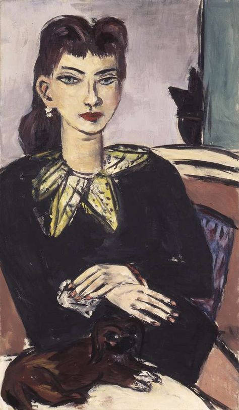 Download Image of Max Beckmann Quappi auf Blau mit Butchy 1943. Free for commercial use, no attribution required. Deutsch:  Quappi (Mathilde Beckmann) auf Blau mit Butchy. 1943. Öl auf Leinwand. Privatsmamlung.. Dated: 1943. Topics: 1943 portrait paintings of women, images from ketterer kunst, mathilde beckmann, paintings by max beckmann, paintings of people with dogs, ultra high resolution, high resolution, dog Adolph Gottlieb, Antoine Bourdelle, New Objectivity, Max Beckmann, 1st January, Expressionist Artists, German Expressionism, Prints On Canvas, Expressionist Painting