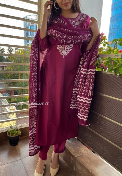 *Price: 1150 Free Shipping/-* *Quality always superb* *🥰Make a dazzling statement with this wine kurta three piece suit crafted in Rayon fabric. It features beautiful off white resham thread embroidery 🪡 pattern. Gota lace work on sleeves. 3/4th sleeves and has round neck paired with pure cotton hand block duppata....👗👗👗👗👗* *Colour: Deep wine* Kurti length 45-46" Pant length 38-39" Length duppata 2.25 meter *Size 38,40,42 44,* MF82 *Ready to dispatch keep posting*✈️✈️✈️ 🕉️🕉️ Kurti Pant With Dupatta, Dupatta Dress, Party Wear Traditional, Straight Kurti, Wedding Party Wear, Kurti Pant, Diwali Special, Kurtis With Pants, Dupatta Set