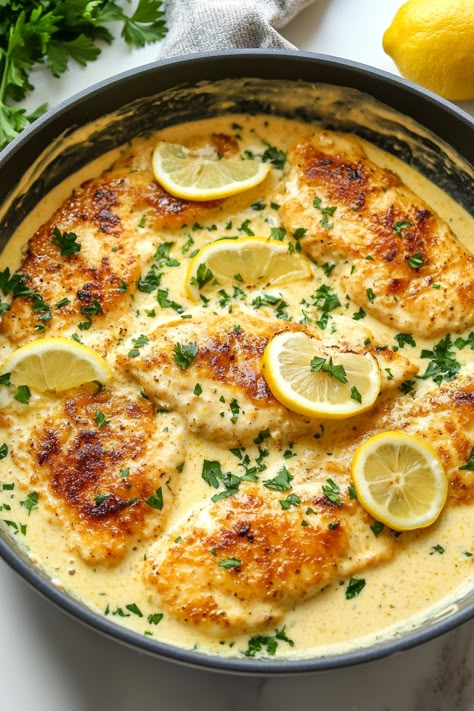 Creamy Lemon Chicken Creamy Lemon Chicken Recipe, Company Chicken, Crispy Chicken Cutlets, Christmas Eve Food, Creamy Lemon Sauce, Uni Meals, Spanish Tortilla, Main Dish Meals, Gluten Free Dinners