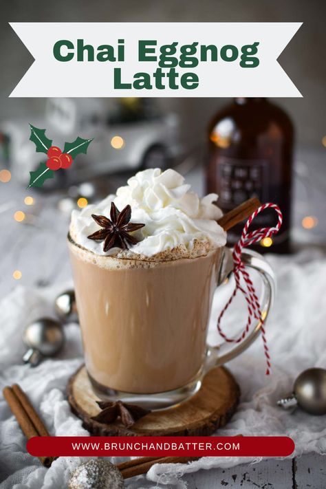 This latte is made with spiced chai tea and eggnog for the perfect chai tea drink. Festive and loaded with flavor, this holiday latte is perfect for a Christmas brunch or to sip on throughout the season. Eggnog Chai Tea Latte, Eggnog Chai Latte, Christmas Lattes, Egg Nog Latte, Chai Drinks, Chai Tea Drinks, Eggnog Latte Recipe, Alcoholic Eggnog, Spiced Eggnog