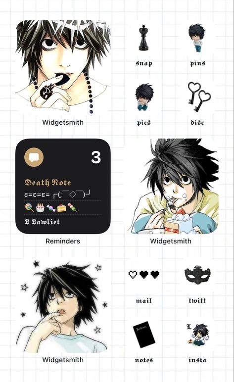 Deathnote Homescreen Layout, Lawliet Aesthetic, Note It Ideas App, Wallpaper Layout, Emo Roblox Avatar, L Wallpaper, Phone Layouts, Ios Homescreen, L Lawliet